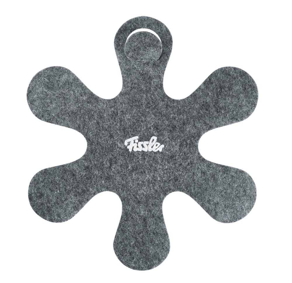 Fissler Pfannenschutz Set 2-tlg. Pfannenschutz aus Filz in grauer Farbe mit mehreren abgerundeten Armen, von oben betrachtet.