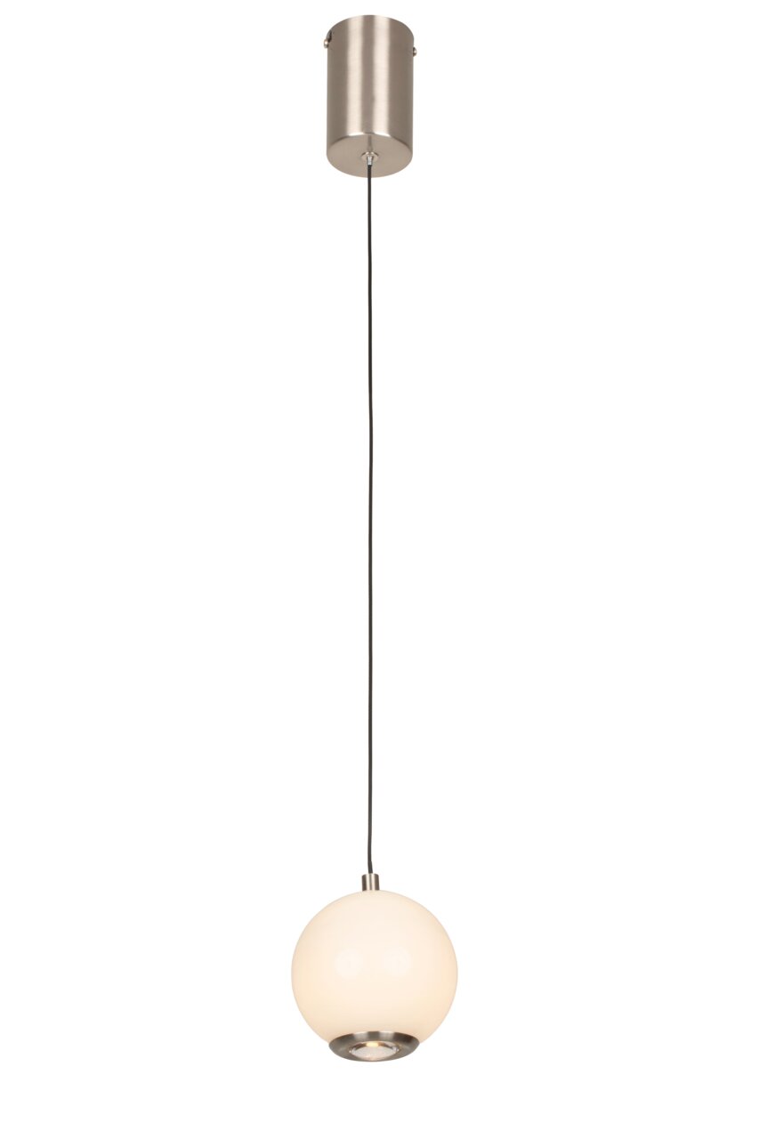 Moderne LED-Hängeleuchte mit kugelförmigem, weißem Lampenschirm, von der Seite betrachtet.