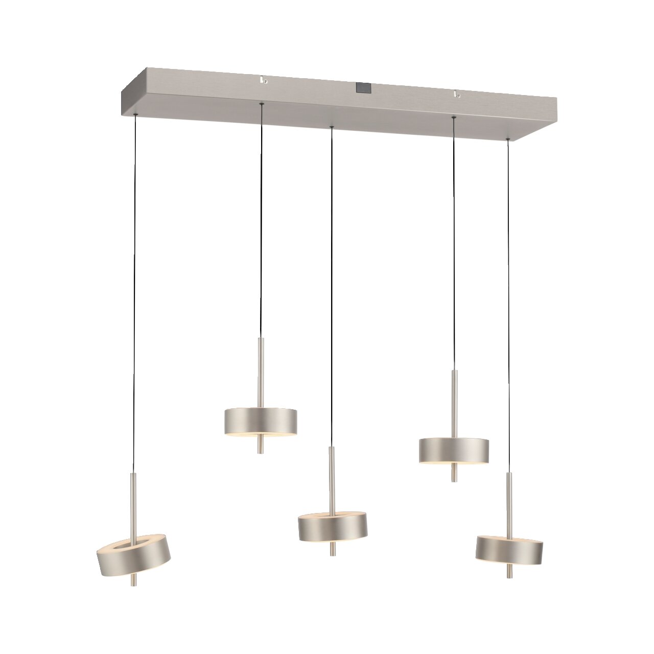 Moderne Pendelleuchte Q-ROTATE mit fünf verstellbaren Leuchten, seitliche Perspektive.