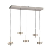 Moderne Pendelleuchte Q-ROTATE mit fünf verstellbaren Leuchten, seitliche Perspektive.