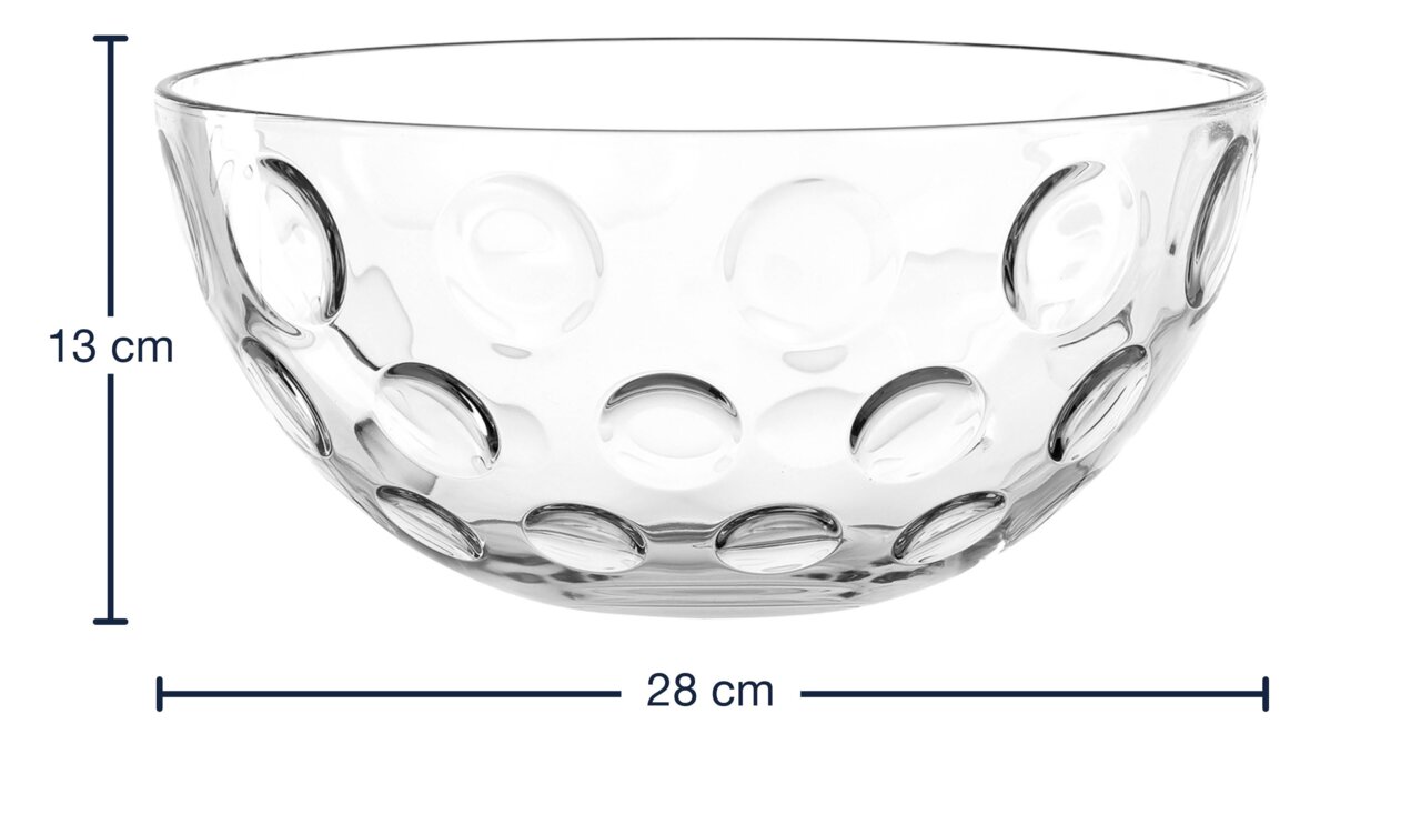 Transparente Glasschale mit einem Durchmesser von 28 cm und einer Höhe von 13 cm, dekoriert mit optischen Kreisen, seitliche Perspektive.