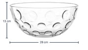 Transparente Glasschale mit einem Durchmesser von 28 cm und einer Höhe von 13 cm, dekoriert mit optischen Kreisen, seitliche Perspektive.