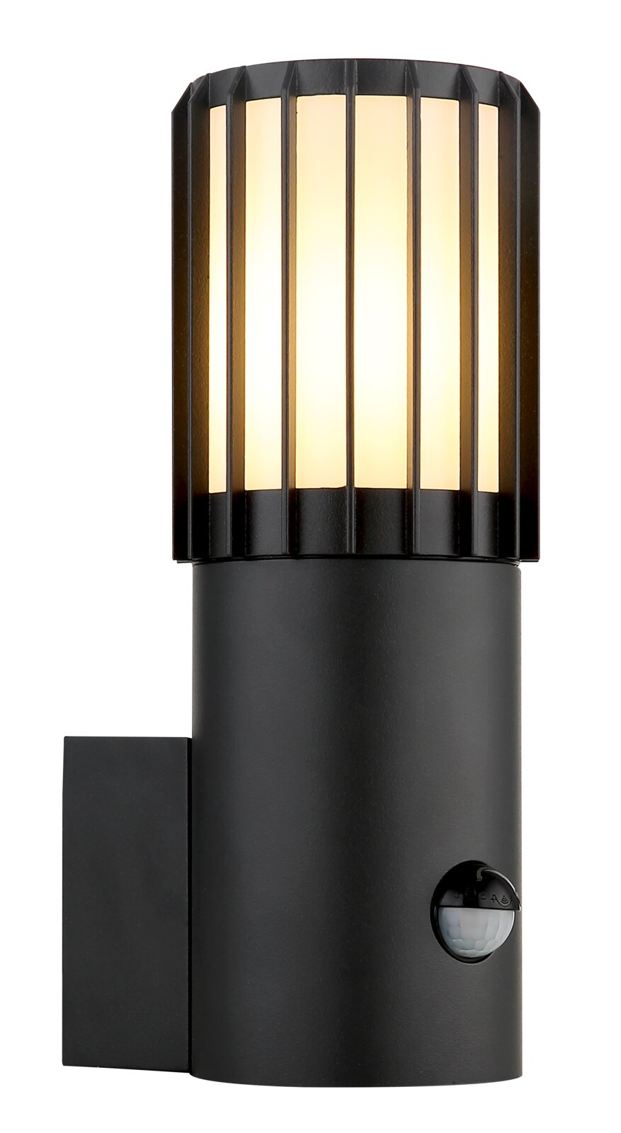 Zwarte buitenwandlamp met cilindrische behuizing, warmwitte diffuser en bewegingsmelder, vooraanzicht