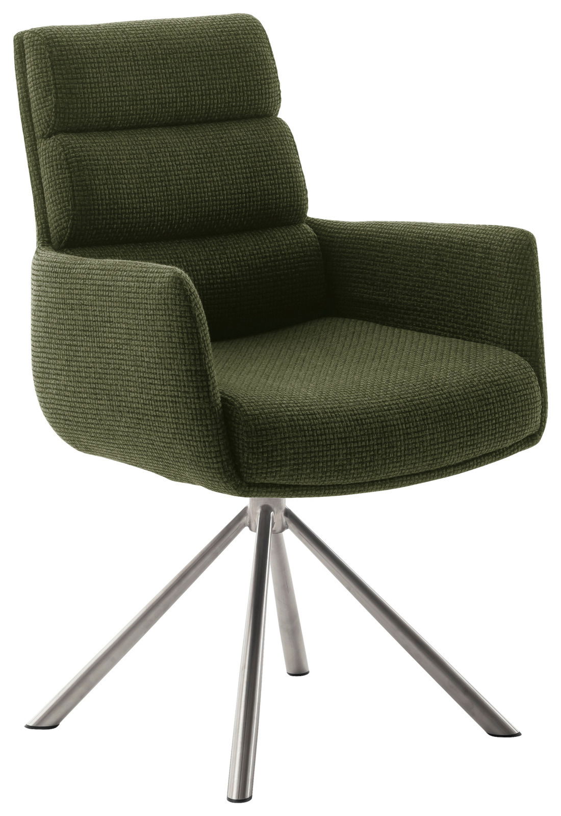 Grüner Armlehnstuhl mit modernem Design und Metallbeinen, seitliche Perspektive.