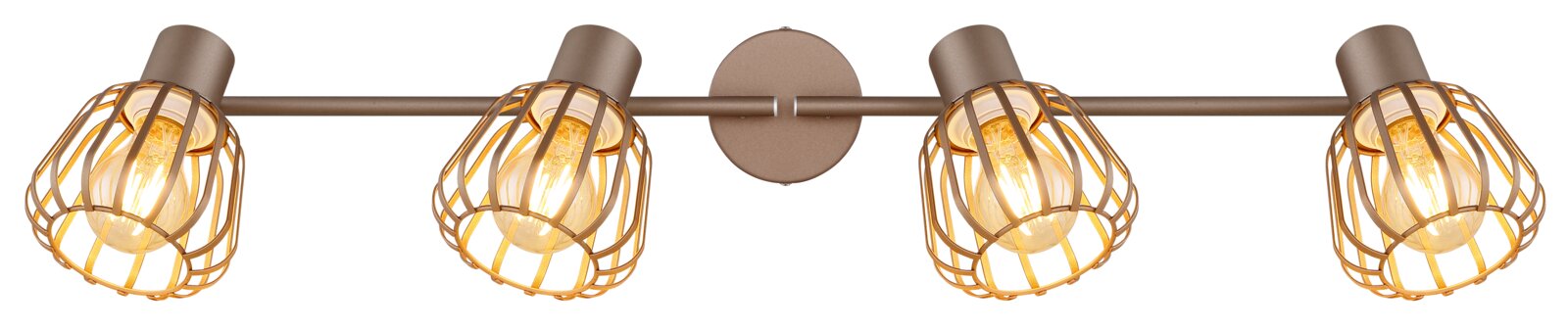 Moderne 4-flammige Wand- oder Deckenleuchte mit langem Metallbalken in Taupe/Braun und vier goldfarbenen Drahtkäfig-Schirmen mit sichtbaren Glühbirnen, frontale Produktansicht