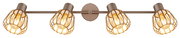 Moderne 4-flammige Wand- oder Deckenleuchte mit langem Metallbalken in Taupe/Braun und vier goldfarbenen Drahtkäfig-Schirmen mit sichtbaren Glühbirnen, frontale Produktansicht