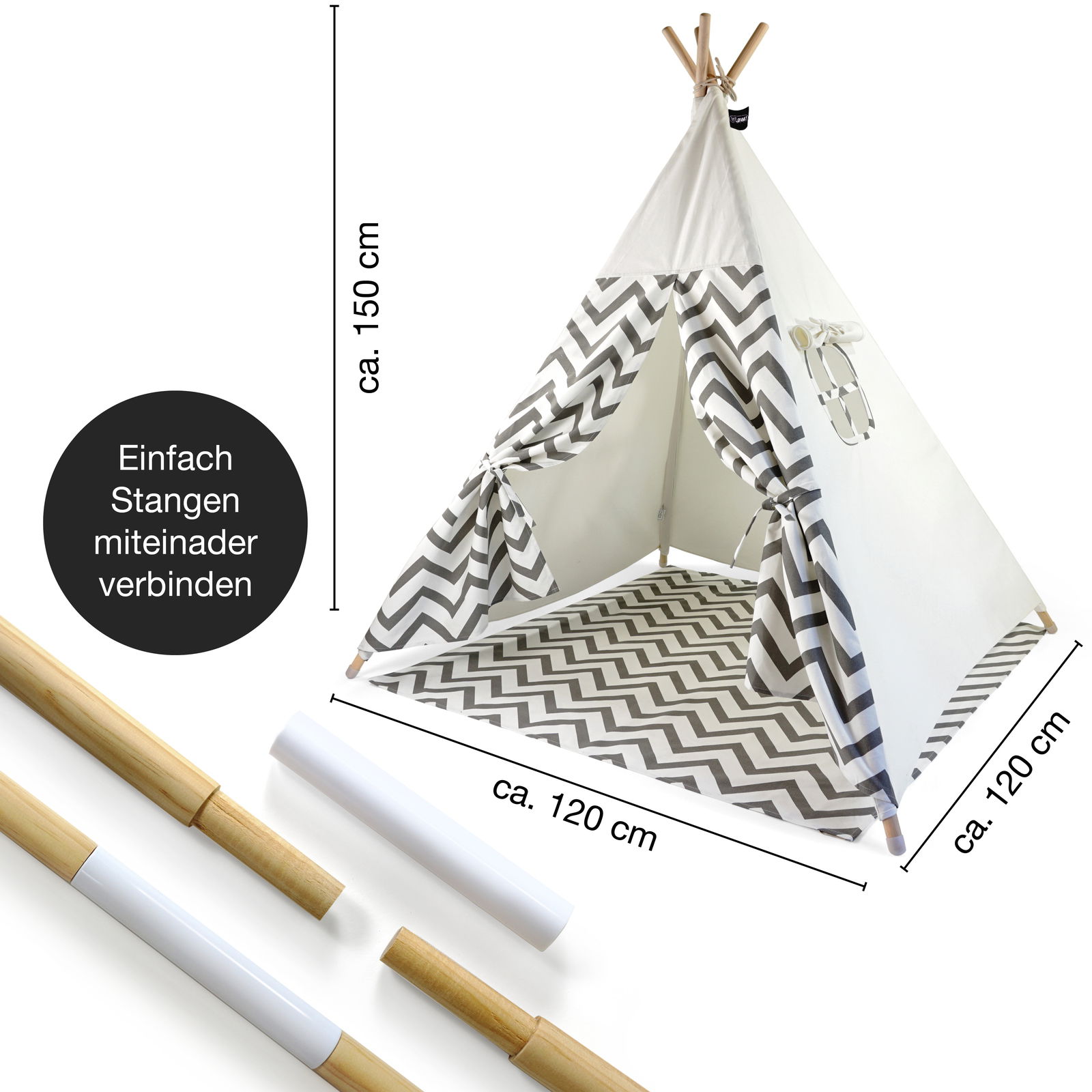 Tipi Zelt in Grau mit Zickzack-Muster, ca. 150 cm hoch und 120 cm breit, mit einfacher Stangenverbindung, seitliche Perspektive