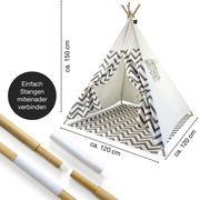 Tipi Zelt in Grau mit Zickzack-Muster, ca. 150 cm hoch und 120 cm breit, mit einfacher Stangenverbindung, seitliche Perspektive