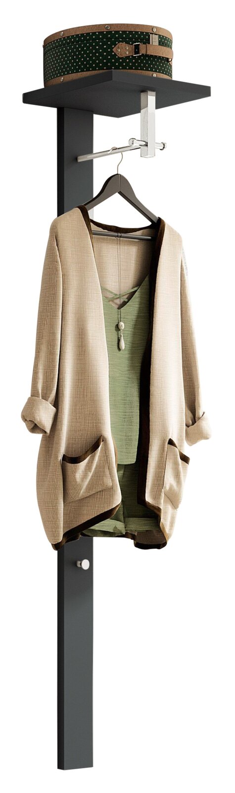 Moderne Garderobe mit Hutablage, Kleiderhaken und Mantel, seitliche Perspektive