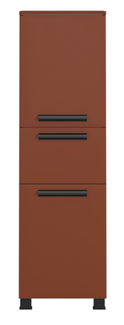 Brauner Midischrank mit drei Schubladen und schwarzen Griffen, Frontalansicht