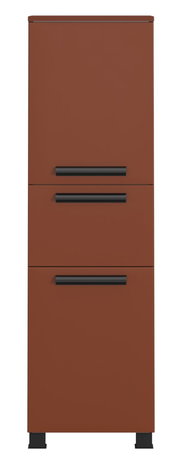 Brauner Midischrank mit drei Schubladen und schwarzen Griffen, Frontalansicht