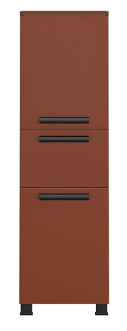 Brauner Midischrank mit drei Schubladen und schwarzen Griffen, Frontalansicht