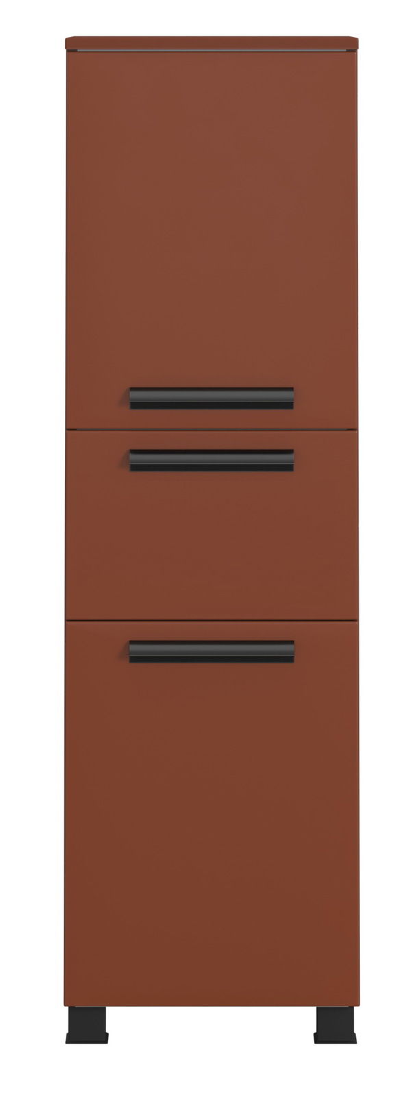 Brauner Midischrank mit drei Schubladen und schwarzen Griffen, Frontalansicht