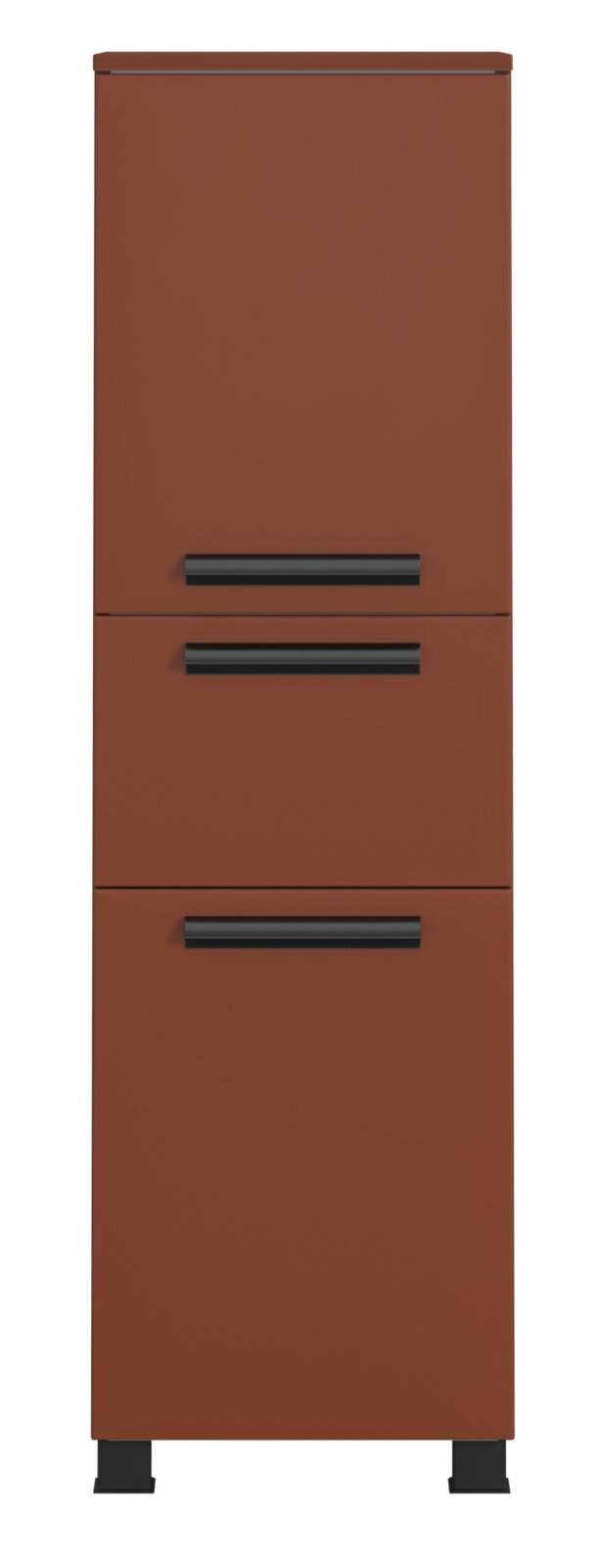 Brauner Midischrank mit drei Schubladen und schwarzen Griffen, Frontalansicht