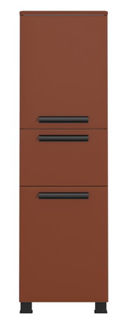 Brauner Midischrank mit drei Schubladen und schwarzen Griffen, Frontalansicht