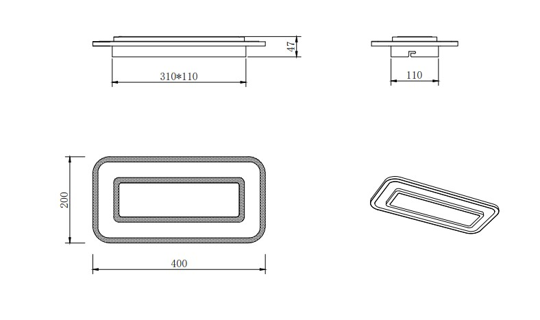 Technische Zeichnung einer rechteckigen LED-Deckenleuchte mit den Maßen 400x200 mm und einer Höhe von 47 mm, seitliche und perspektivische Ansicht.