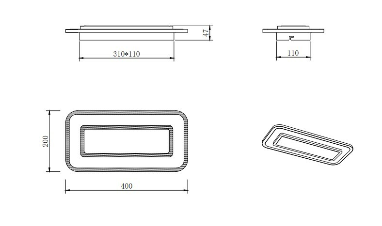 Technische Zeichnung einer rechteckigen LED-Deckenleuchte mit den Maßen 400x200 mm und einer Höhe von 47 mm, seitliche und perspektivische Ansicht.