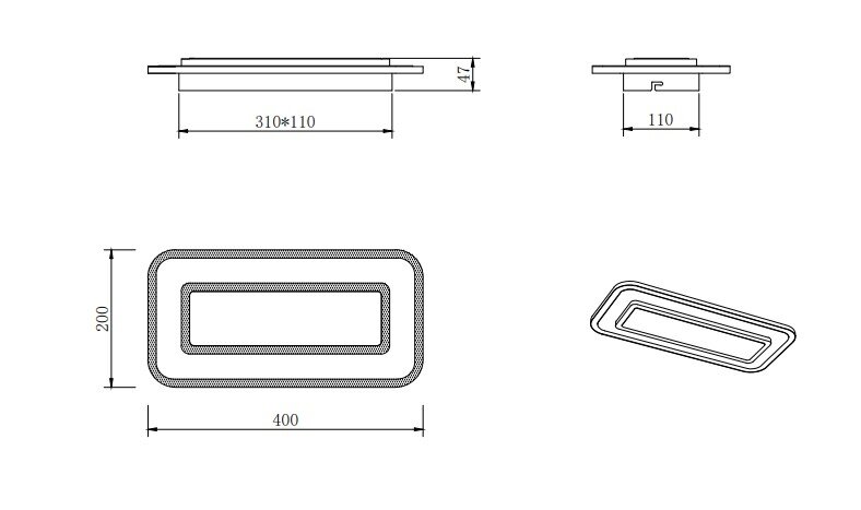 Technische tekening van een rechthoekige led-plafondlamp met de afmetingen 400 x 200 mm en een hoogte van 47 mm, zijaanzicht en perspectiefaanzicht.