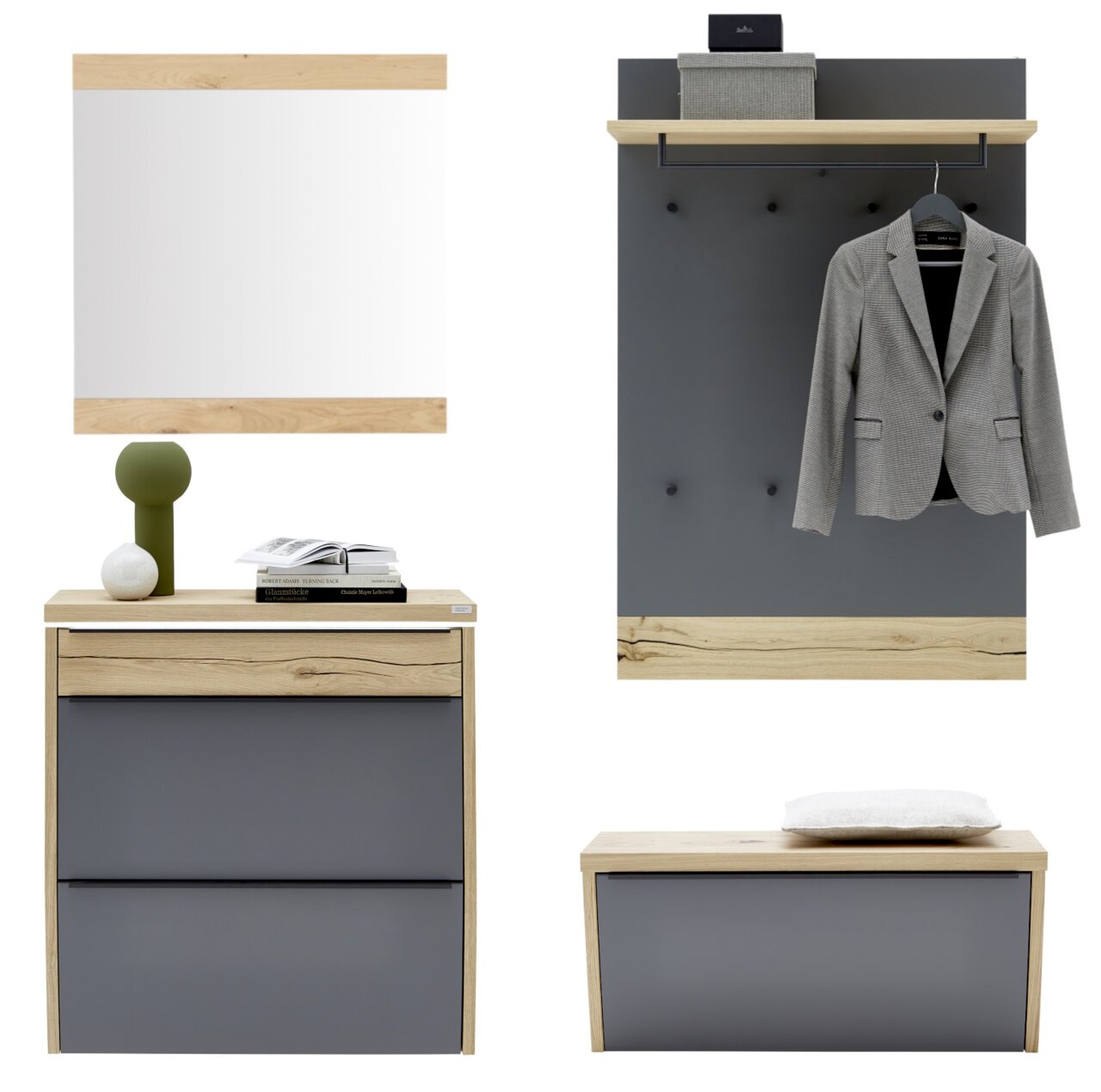 Garderoben-Set in Anthrazit und Eiche mit Spiegel, Schuhschrank, Sitzbank und Wandpaneel mit Ablage und Kleiderstange, frontale Ansicht