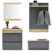 Garderoben-Set in Anthrazit und Eiche mit Spiegel, Schuhschrank, Sitzbank und Wandpaneel mit Ablage und Kleiderstange, frontale Ansicht
