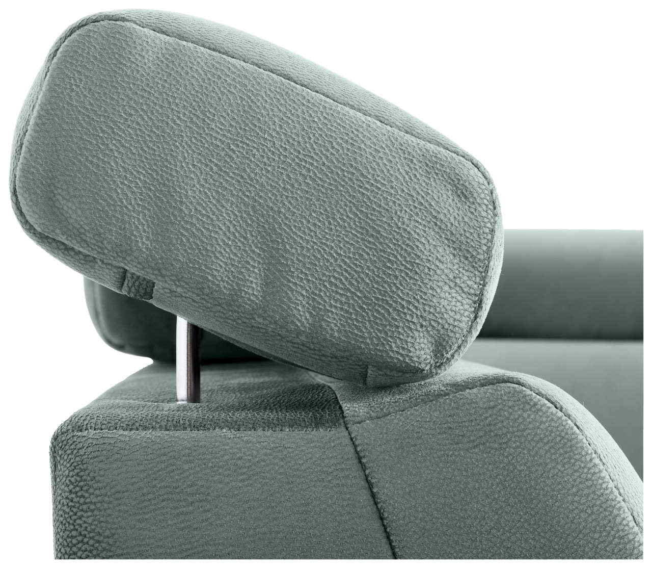 Nahaufnahme einer grünen Kopfstütze eines Sofas aus Stoff, seitliche Perspektive