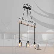 Moderne Hängeleuchte mit drei Glühbirnen, Holz- und Metallelementen, seitliche Perspektive