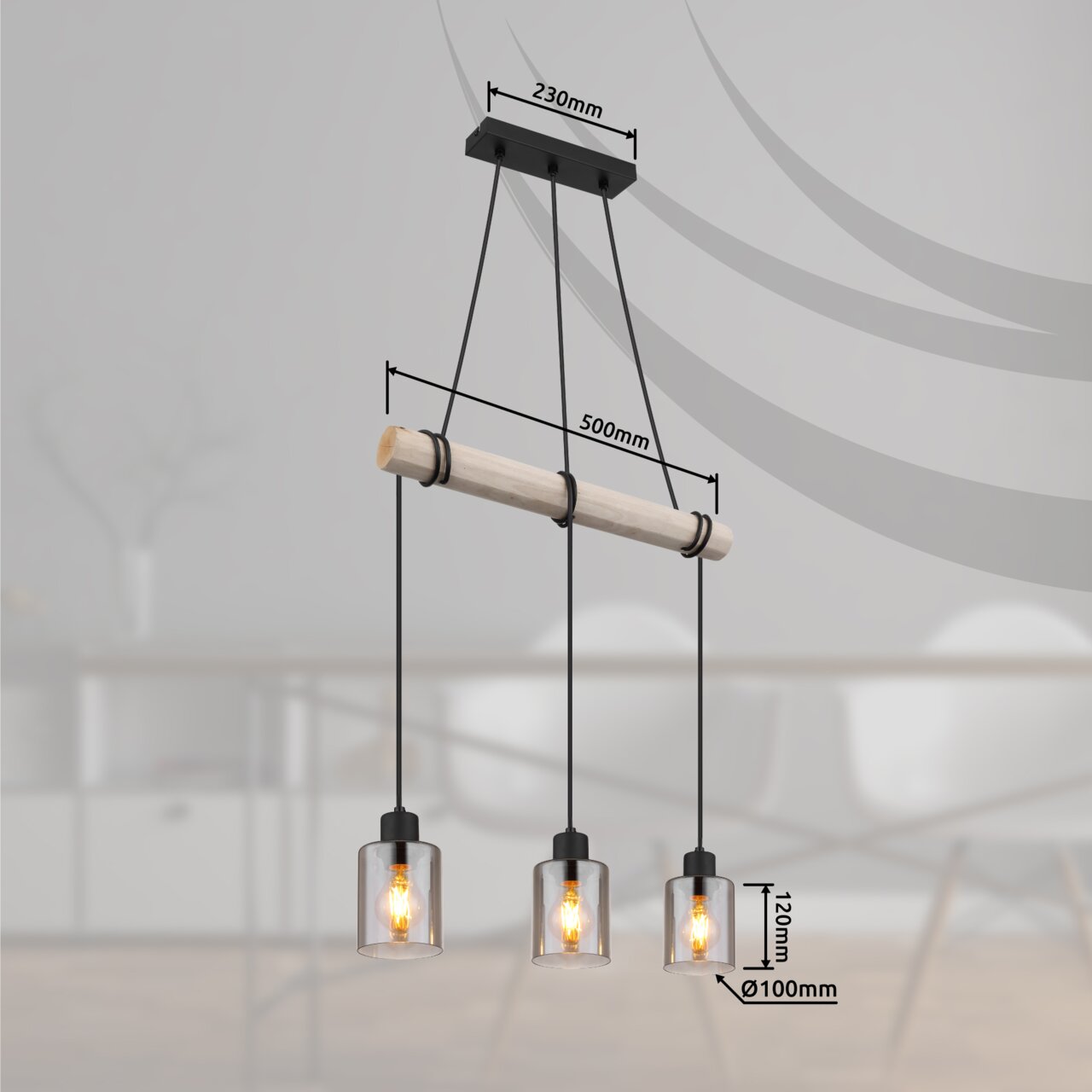 Moderne Hängeleuchte mit drei Glühbirnen, Holz- und Metallelementen, seitliche Perspektive