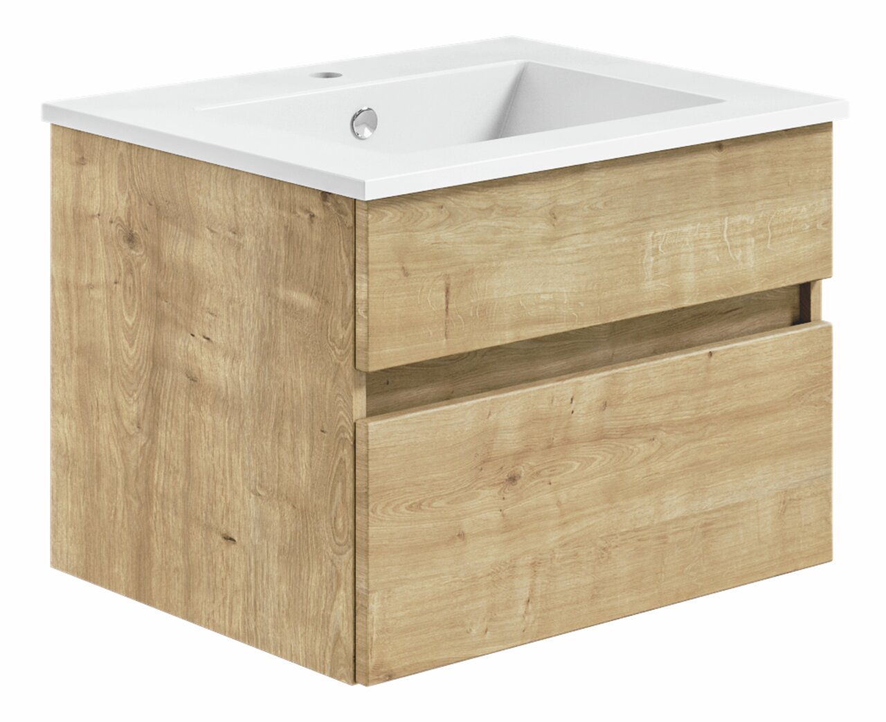 Waschtisch mit Holzoptik und zwei Schubladen, seitliche Perspektive