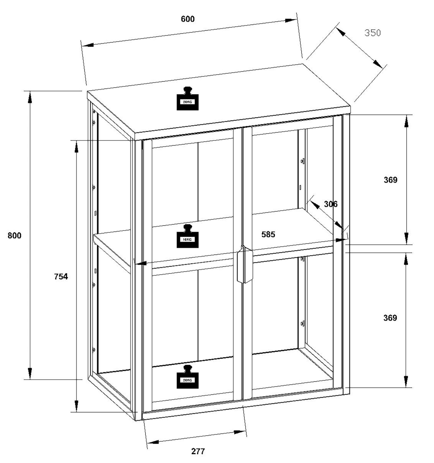 Technische Maßzeichnung eines zweitürigen Metallschranks mit zwei Ebenen, ca. 600 mm breit und 350 mm tief, in schräger Frontansicht (Perspektive von vorn rechts).