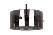 Moderne LED-Hängeleuchte mit rauchgrauem, zylindrischem Schirm, seitliche Perspektive