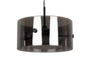 Moderne LED-Hängeleuchte mit rauchgrauem, zylindrischem Schirm, seitliche Perspektive