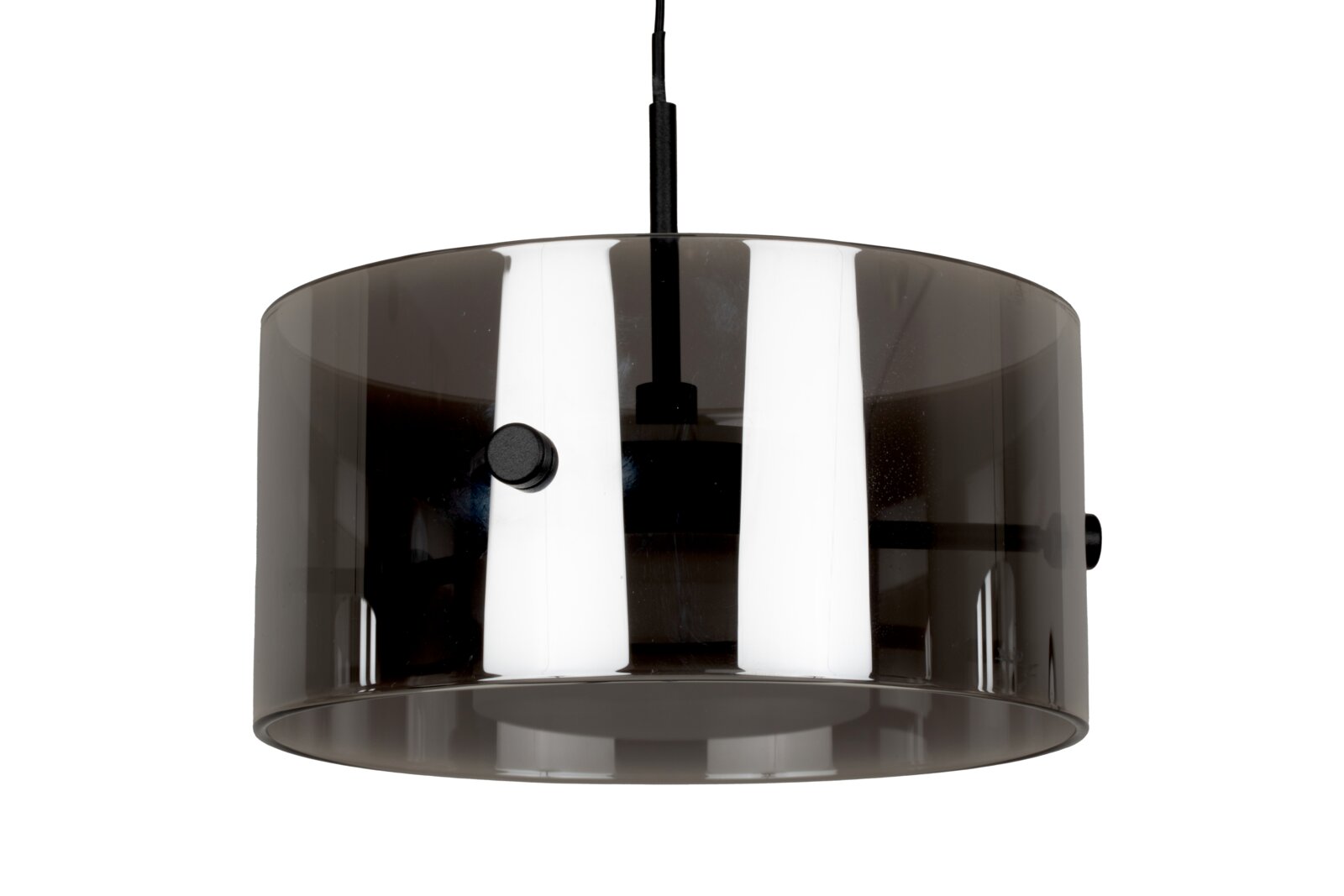 Moderne LED-Hängeleuchte mit rauchgrauem, zylindrischem Schirm, seitliche Perspektive