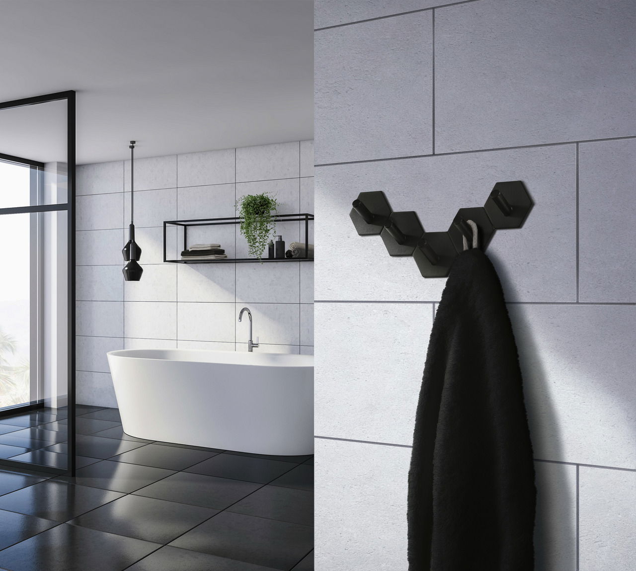Schwarzer, mattierter Edelstahlhaken in sechseckigem Design, an einer Badezimmerwand montiert, mit einem Handtuch daran hängend. Perspektive von der Seite.