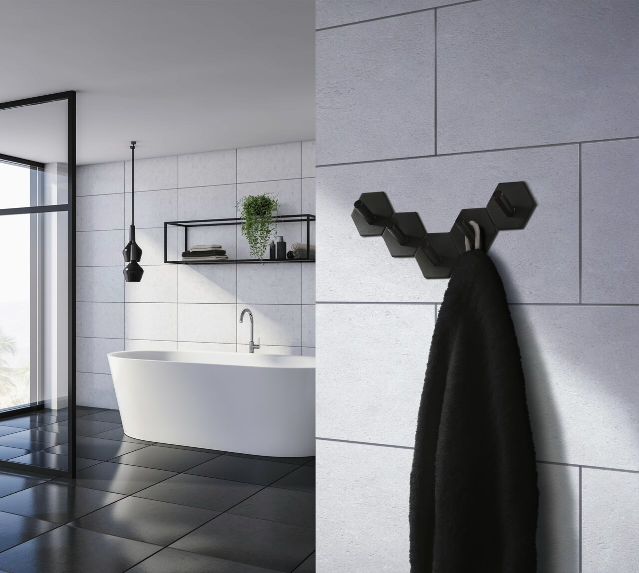 Schwarzer, mattierter Edelstahlhaken in sechseckigem Design, an einer Badezimmerwand montiert, mit einem Handtuch daran hängend. Perspektive von der Seite.