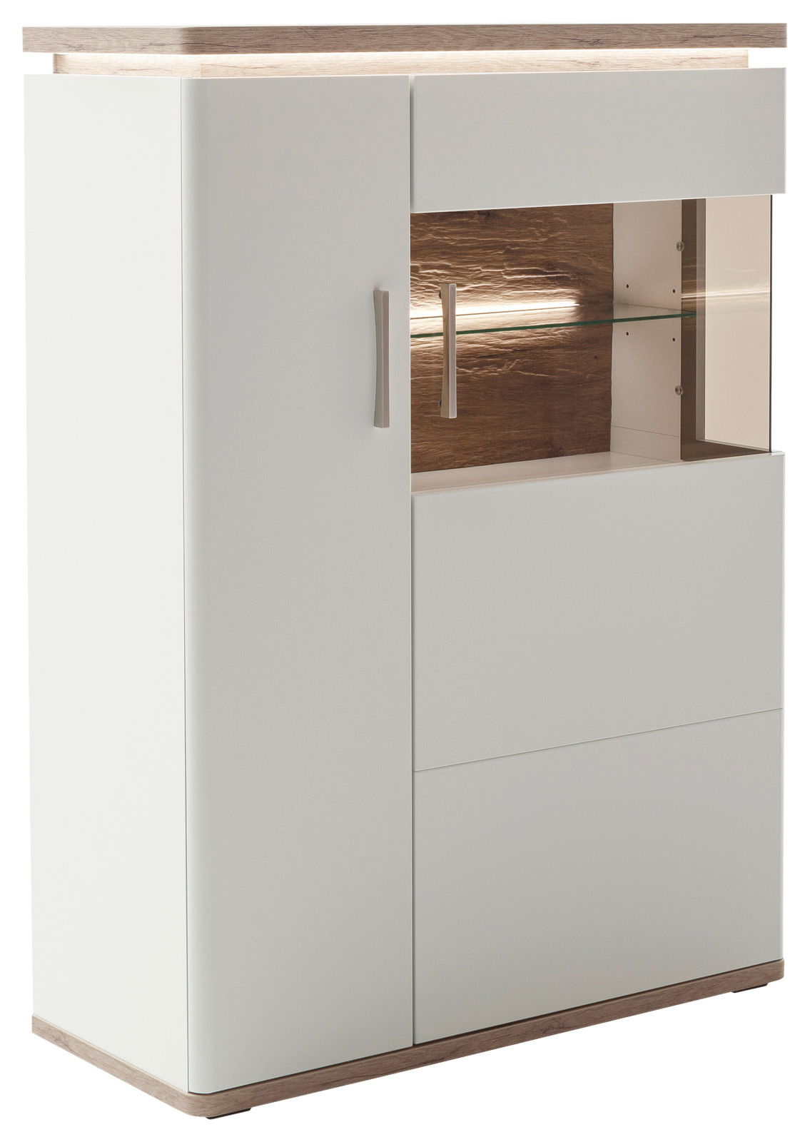 Weißes Highboard mit Holzdetails und Glaselementen, seitliche Perspektive