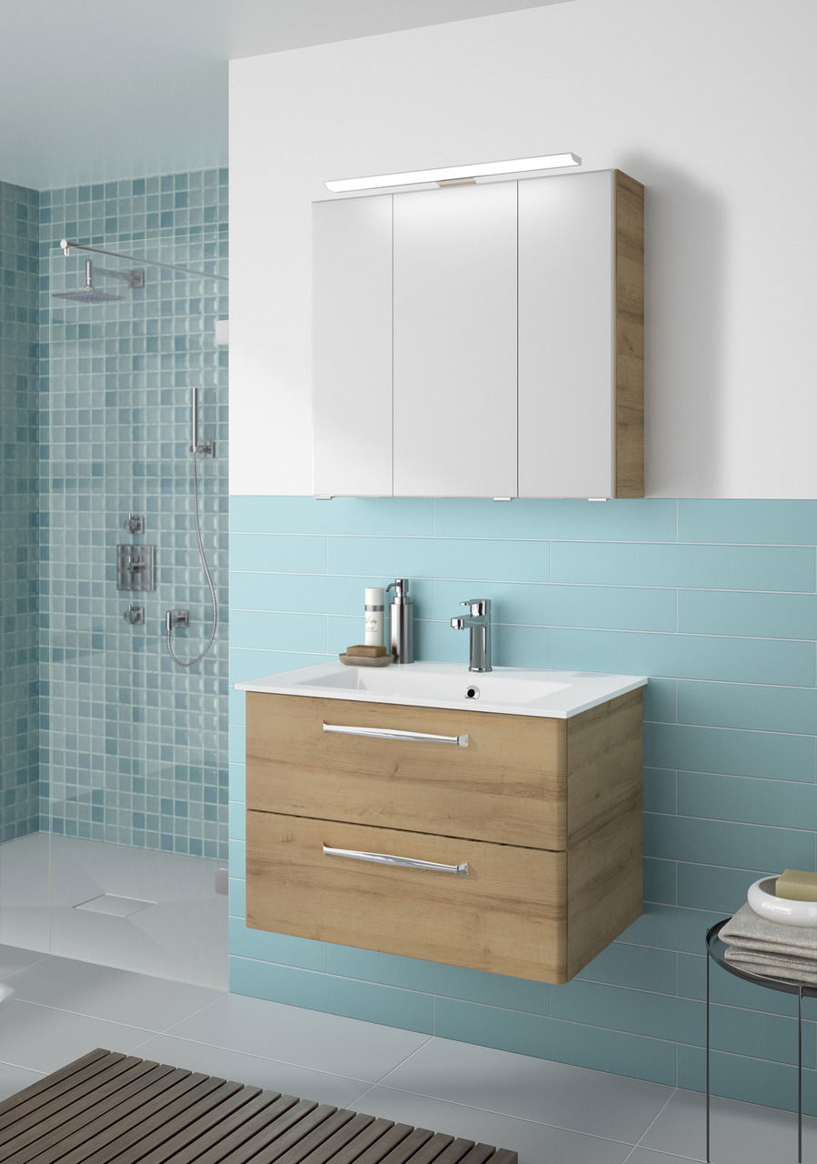 Moderner Badblock mit Holzoptik und weißem Waschbecken, frontal betrachtet.