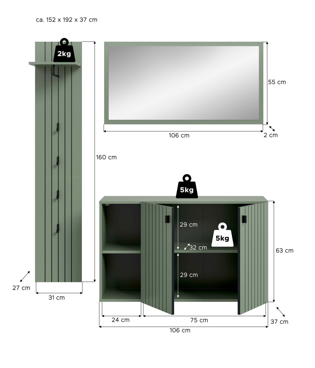 Maßgrafik eines grünen Garderoben-Sets mit hohem Schrank, Sideboard und Wandspiegel, dargestellt in Vorderansicht und Seitenansicht mit eingezeichneten Abmessungen sowie Belastungsangaben.