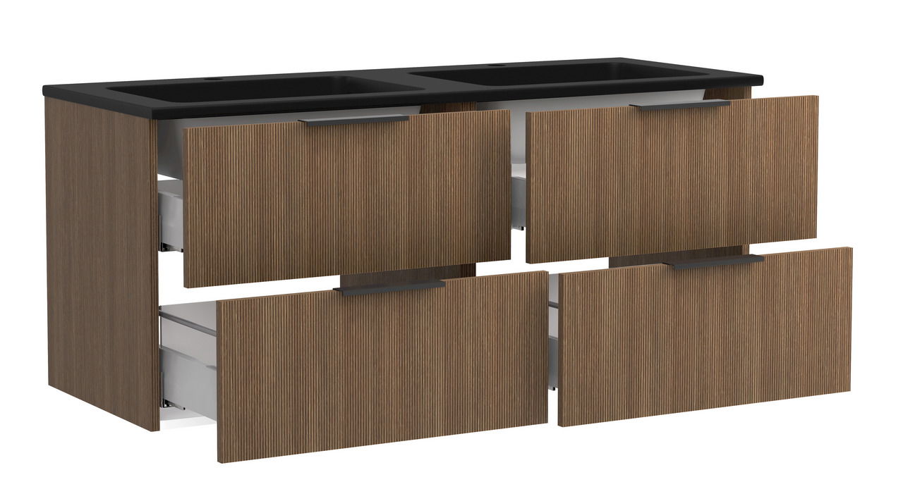 Waschtisch-Set mit vier Schubladen in Holzoptik und zwei schwarzen Waschbecken, seitliche Perspektive