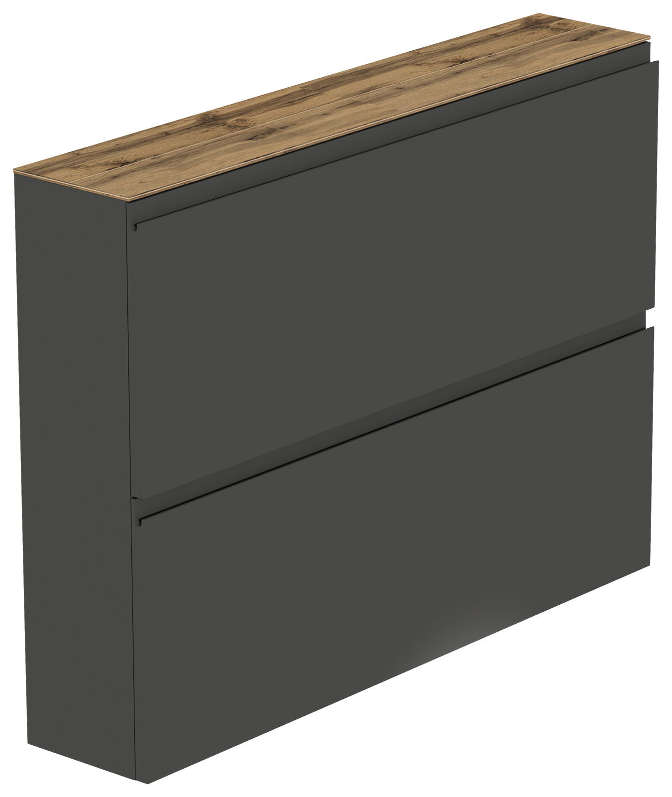 Moderner Hängeschuhschrank mit zwei Klappen in dunklem Grau und Holzoberfläche, seitliche Perspektive