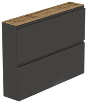 Moderner Hängeschuhschrank mit zwei Klappen in dunklem Grau und Holzoberfläche, seitliche Perspektive