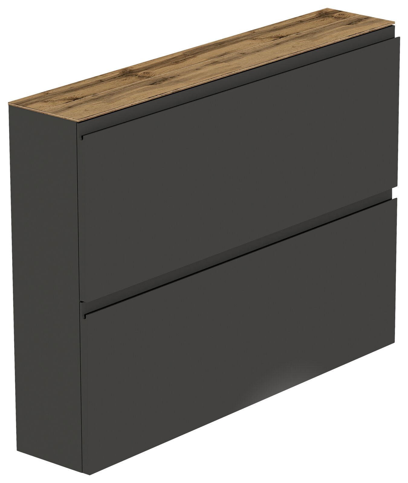 Moderner Hängeschuhschrank mit zwei Klappen in dunklem Grau und Holzoberfläche, seitliche Perspektive