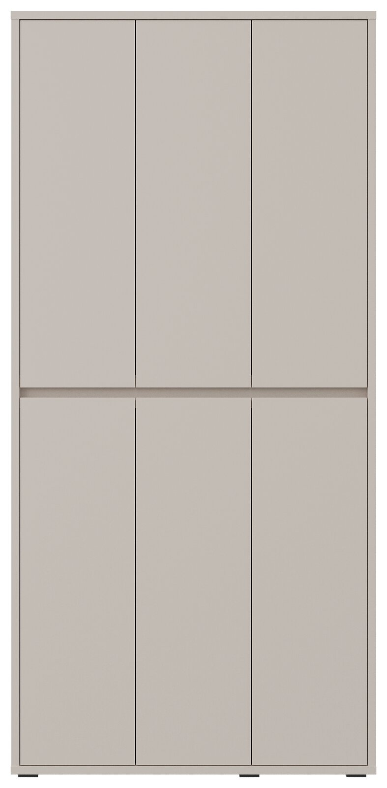 Frontansicht eines XXL-Schuh- und Mehrzweckschranks mit sechs Türen in schlichtem Design.