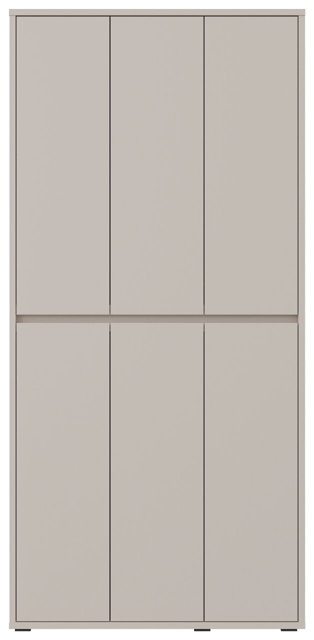 Frontansicht eines XXL-Schuh- und Mehrzweckschranks mit sechs Türen in schlichtem Design.
