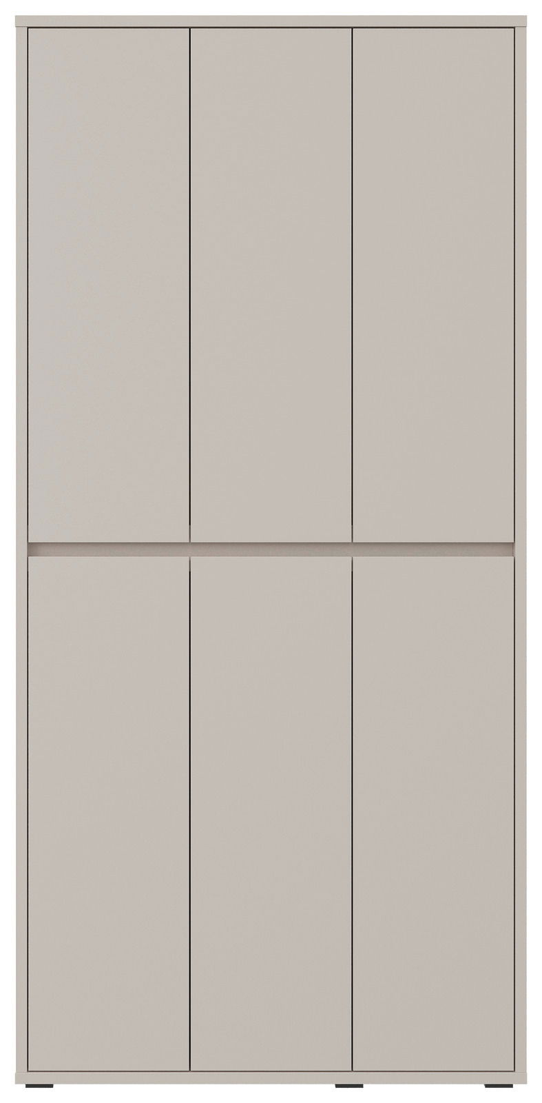 Frontansicht eines XXL-Schuh- und Mehrzweckschranks mit sechs Türen in schlichtem Design.