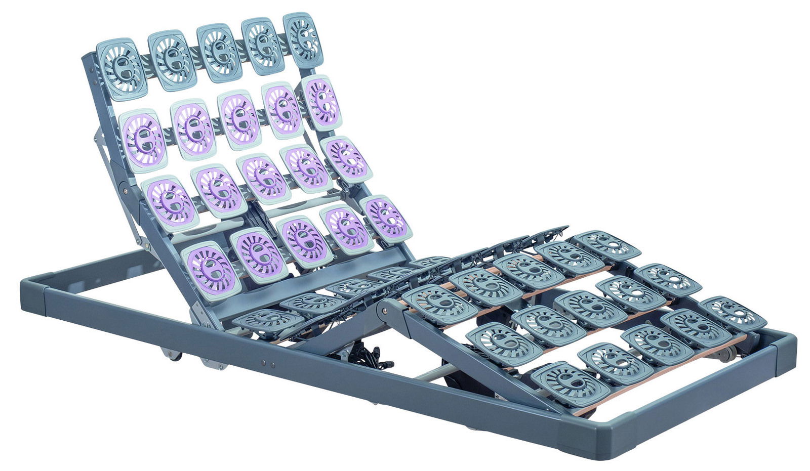 Verstellbarer Systemrahmen 90x200 mit ergonomischen Tellerelementen in seitlicher Perspektive