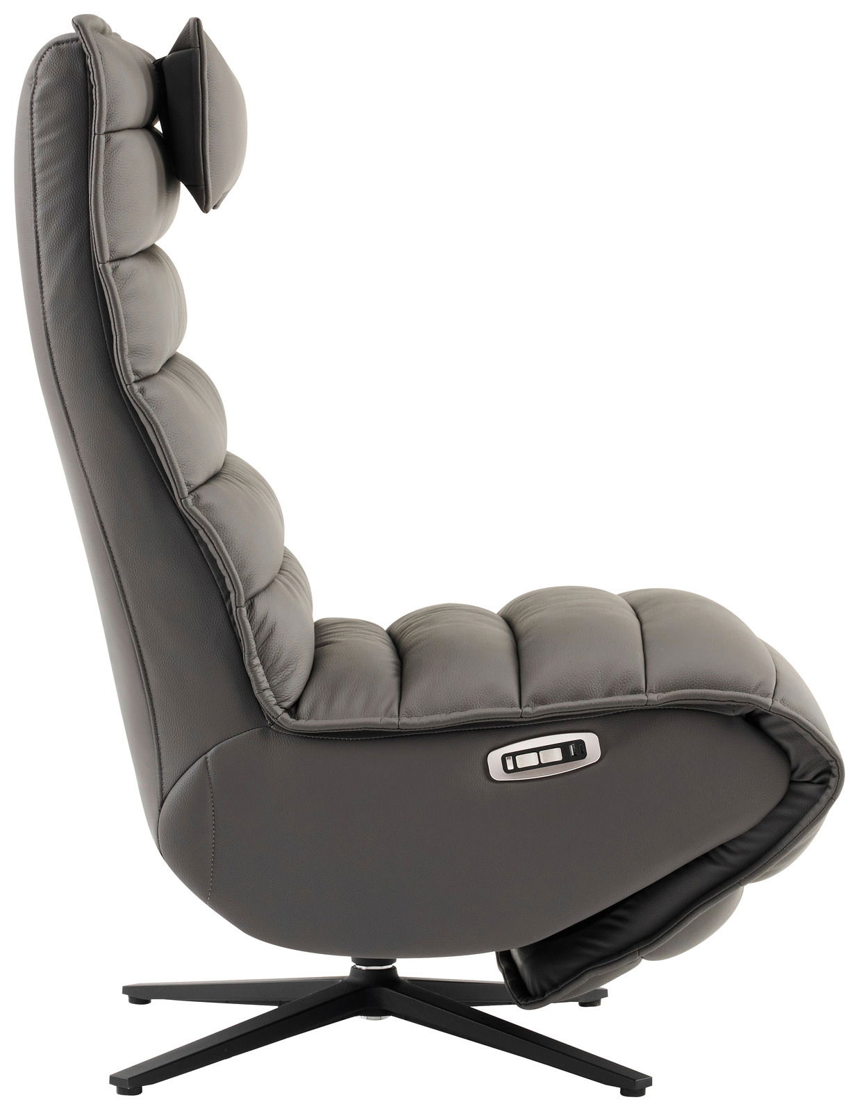 Seitliche Ansicht einer grauen Relaxliege mit gepolstertem Kopfteil und verstellbarer Rückenlehne auf einem drehbaren Fuß.