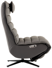 Seitliche Ansicht einer grauen Relaxliege mit gepolstertem Kopfteil und verstellbarer Rückenlehne auf einem drehbaren Fuß.