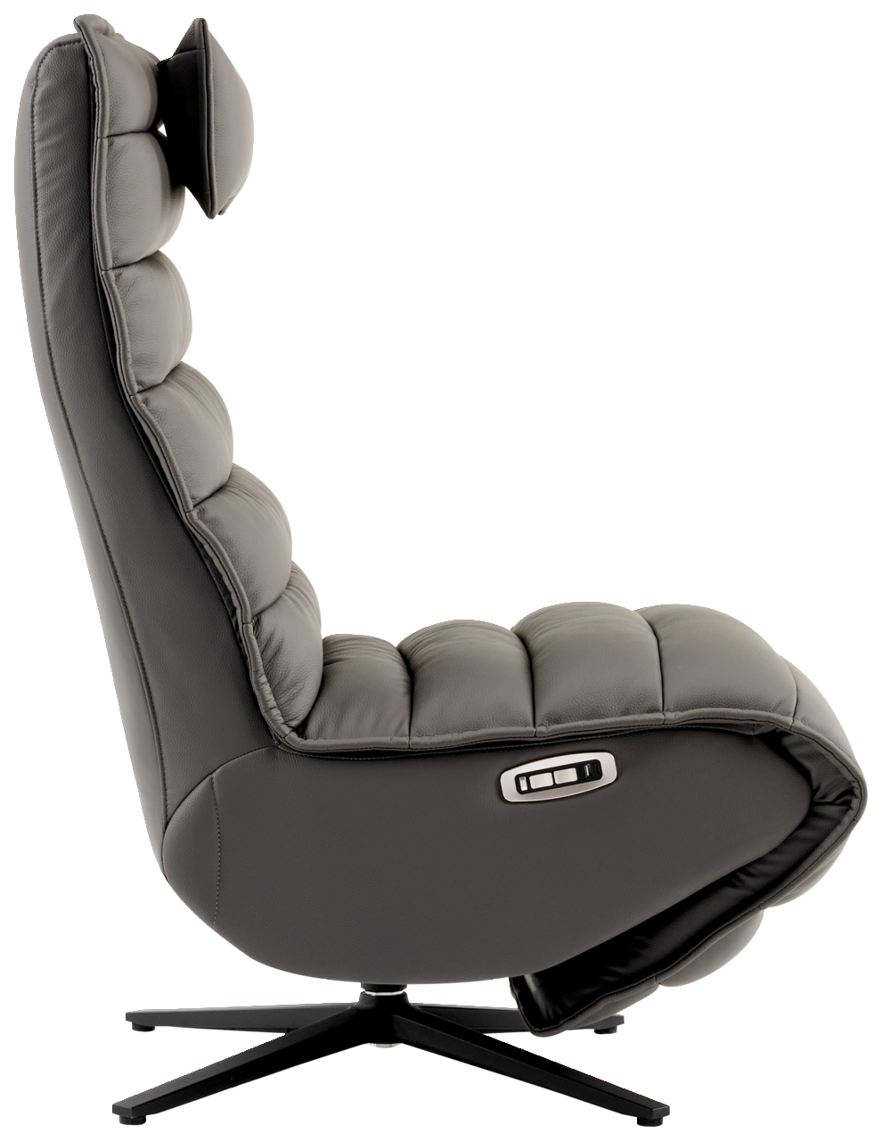 Seitliche Ansicht einer grauen Relaxliege mit gepolstertem Kopfteil und verstellbarer Rückenlehne auf einem drehbaren Fuß.