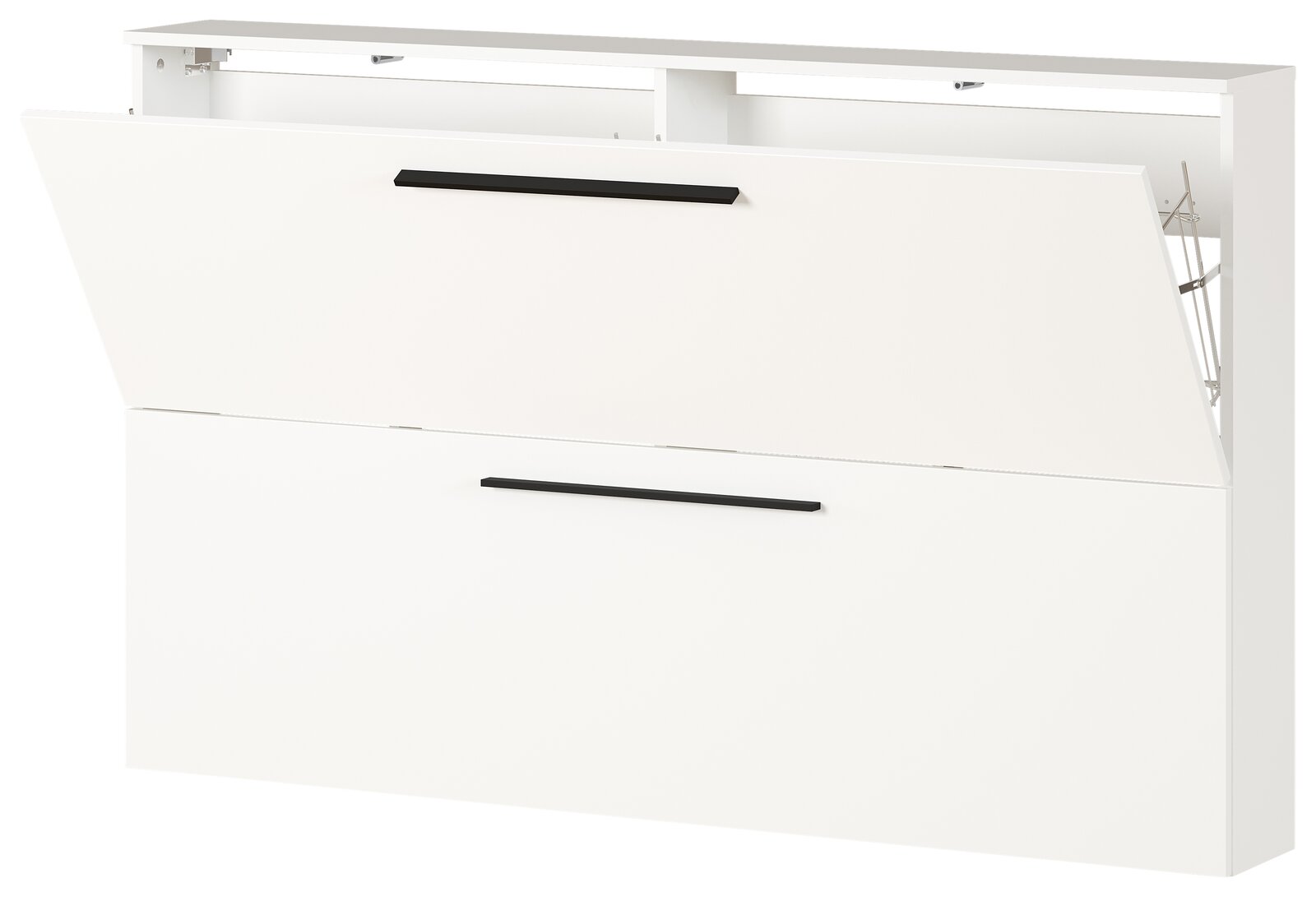 Weißer Schuhschrank mit zwei Klappen und schwarzen Griffen, seitliche Perspektive