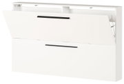 Weißer Schuhschrank mit zwei Klappen und schwarzen Griffen, seitliche Perspektive